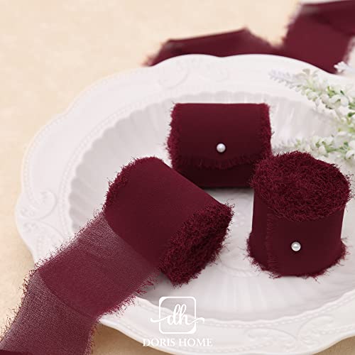 DORIS HOME 3 Rolls 2"x7Yd Fringe Chiffon Ribbon for Flower Bouquet, Handmade Burgundy Ribbon for Gift Wrapping, Frayed Edge Ribbon for Crafts, Decorating, Bouquet Wrap, Wedding Invitation