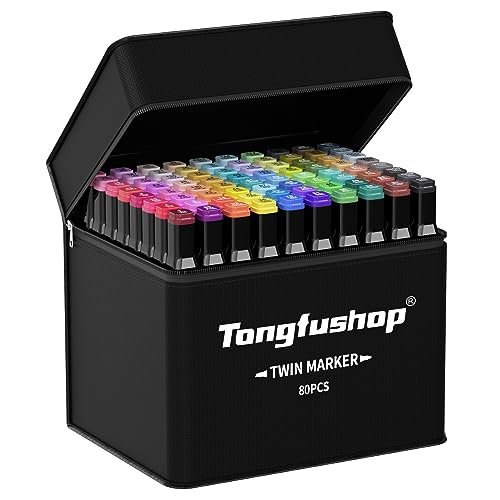 Tongfushop Alcohol Markers, 80+2 Colors Dual Tip Art Markers, Marker Set for Coloring, Drawing, Sketching, Card Making, Illustration, Coloring Markers for Kids Beginners Artists with Pad, Not Staining