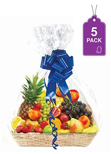 Purple Q Crafts Clear Basket Bags, 5 Pack Large Clear Cellophane Wrap for Baskets & Gifts 30"x 40" 1.5 Mil Thick (5)