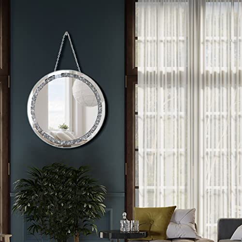QMDECOR Crush Diamond 12 inch Wall-Mounted Mirrors with Iron Chain Home Decoration Round Silver Crystal Sparkling Decorative Mirror