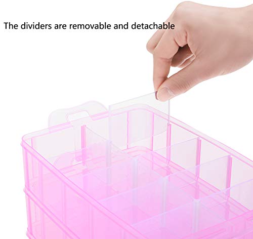 Sooyee Bead Organizer,3-Tier Craft Organizers and Storage,Stackable Storage Containers with 30 Compartments Dividers for Washi Tape,Toy, Nail,Art Supplies, Fishing Tackle, Pink