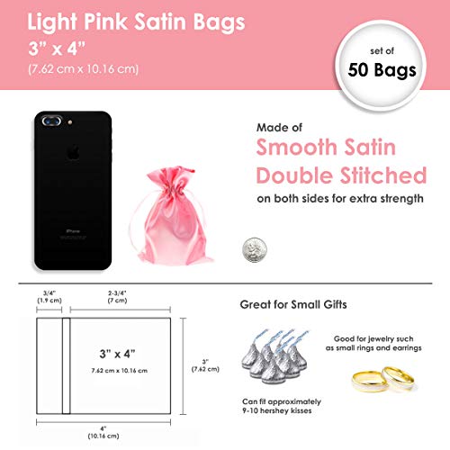 Knitial 3" x 4" Satin Pink Gift Bags, Jewelry Bags, Wedding Favor Drawstring Bags Baby Shower Christmas Gift Bags 50 per Pack