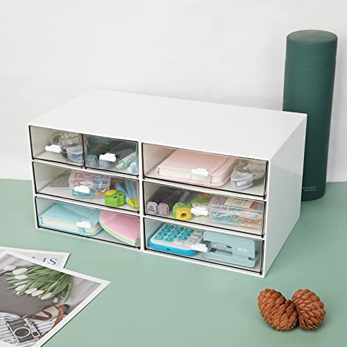 LETURE Desk Organizer with 3 Drawers, Clear Plastic Desk Storage Box, Desktop Organization for Office Supplies, Gel Pens, Pencils, Markers, Tape, Erasers, Paperclips, Chargers (White-3 Draws)