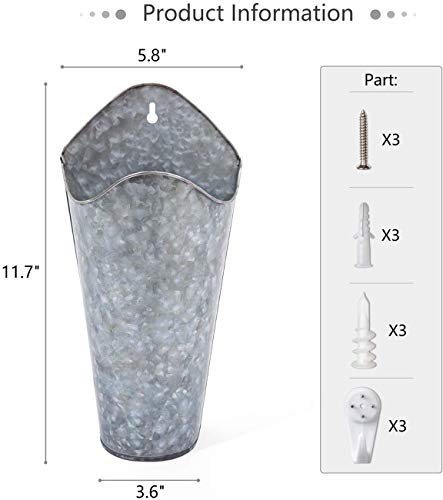 Mkono Galvanized Metal Wall Planter Farmhouse Wall Vase for Artificial Plants Flowers, Rustic Hanging Fake Flowers Holder Country Home Bedroom Living Room Decor Set of 2, Silver, Small