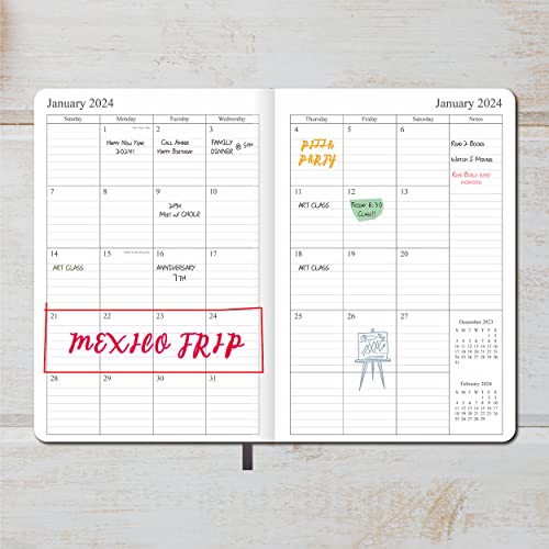 2023-2024 Academic Planner - Weekly and Monthly Planner, Holidays, Contacts and Notes Pages, Vegan Leather Cover, Elastic Closure, 5.5”x8.25”, Grey