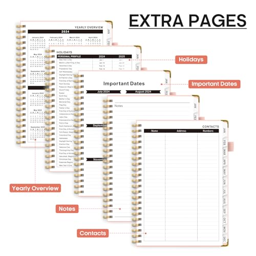 2024 Planner - Weekly and Monthly Planner Spiral Bound, Jan 2024 - Dec 2024, A5 (6.7" x 8.6"), Planner 2024 with Tabs, Inner Pocket, Helps To Keep Track Of Tasks - Pink