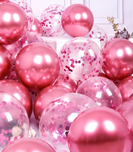 SUWEN Metallic Hot Pink Balloons and Confetti Balloons Set 47PCS Latex Helium Chrome Magenta Balloon for Birthday Graduation Anniversary Party Decorations