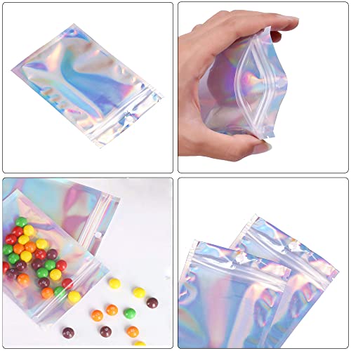 Malastar 3x4 inch 100PCS Resealable Smell Proof Bags,Holographic Packaging Bags, Foil Pouch baggies, Clear Small Mylar Ziplock Bag for Jewelry,Candy,Food Storage and Party Favor