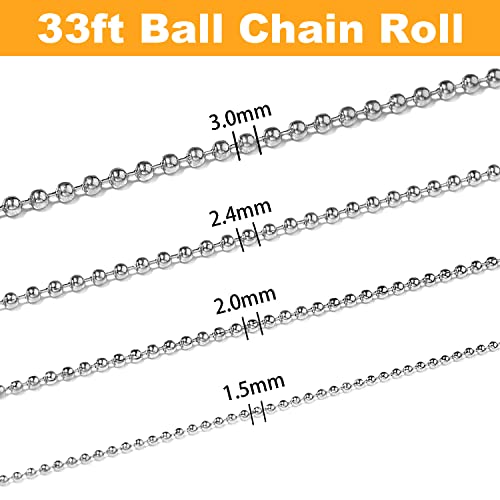 Jishi 33ft Ball Chain 2.4mm Silver Stainless Steel Bead Link Chain Roll for Beaded Dog Tag Necklace, Mens Military Jewelry Making Supplies, Pull Chain DIY Bracelets Keychain Craft - w/20#3 Connectors
