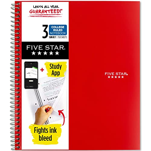 Five Star Spiral Notebook + Study App, 3-Subject, College Ruled Paper, Fights Ink Bleed, Water Resistant Cover, 8-1/2" x 11", 150 Sheets, Red (72065)