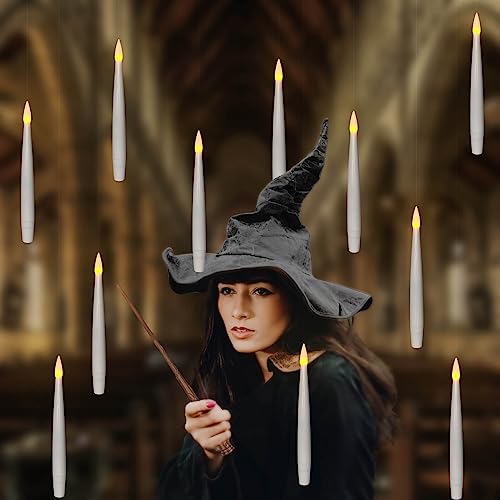 Leejec Floating Candles with Magic Wand Remote (6/18H Timer), Halloween Decorations, 20pcs 6.1" Hanging Flameless Taper Candles, Flickering Warm Light, Christmas, Wedding, Theme Party Decor (White)