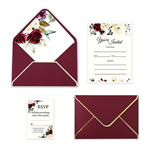 DORIS HOME 25pcs Burgundy Fill-in Invitations Cards with Burgundy Rose and Envelope with Gold Border for Wedding,Engagement Invite
