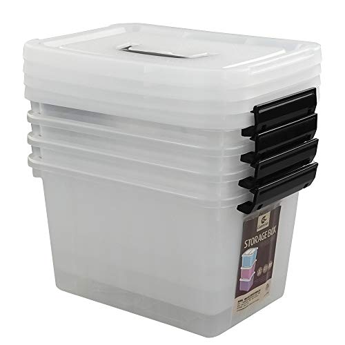 Kekow 6 L Clear Storage Box, Plastic Storage Latch Box with Black Handle, 4-Pack