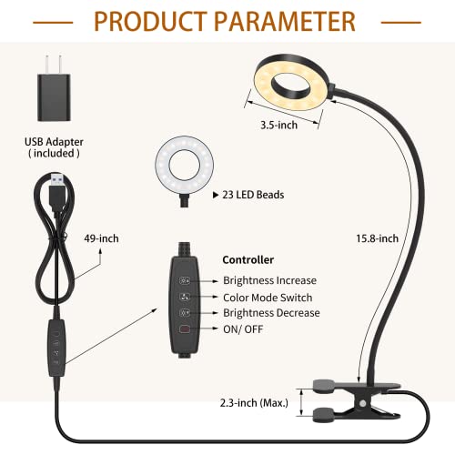 iZELL Desk Lamp, [3 Color Modes & 10 Brightness] LED Reading Light with Clamp, Flexible Gooseneck Book Light for Kids Reading Book in Bed at Night Clip on Table, Headboard, Dorm - 15.8‘’ Black