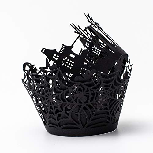 Whaline 60 Pack Halloween Cupcake Wrappers Spiderweb/Witch/Castle Laser Cut Paper Liners Holders for Halloween Party Wedding Birthday Decoration (Black)