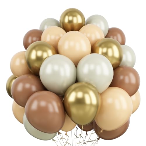 Balloons Brown and Gold, 60 Packs 12 Inch Retro Brown Cream Balloon, Brown Beige Balloons, Sand White Neutral Balloons Metallic Gold Balloons for Birthday Baby Shower Jungle Boho Wedding Decorations