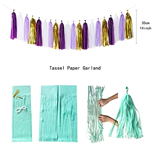 Purple Gold Valentines-Day Graduation Decorations - 30pcs Kits Lavender White Paper Flowers,Banner Flags,Tassel Streamer Garland Engagement Girl Baby Bridal Shower Party Decoration Lasting Surprise