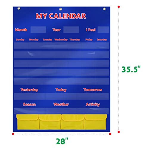 Calendar and Weather Pocket Chart with 148 Cards,(108 Illustrated Activity Cards, 40 Dry Erasable Flash Cards and 3 Hooks 28"x35.5")