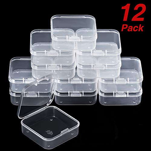 SATINIOR 12 Pack Clear Plastic Beads Storage Containers Box with Hinged Lid for Beads and More (2.12 x 2.12 x 0.79 Inch)