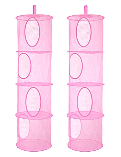 coastal rose 2Pcs Stuffed Animal Storage Foldable Stuffed Animal Net or Hammock Organizer, 4 Compartments Hanging Mesh Toy Storage Hammock for Kid Room Toys, Gloves, Hats, Socks（Pink）