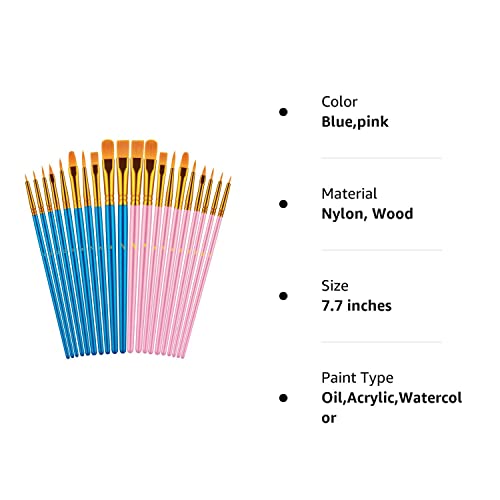 Paint Brushes Set, 20 Pcs Paint Brushes for Acrylic Painting, Oil Watercolor Acrylic Paint Brush, Artist Paintbrushes for Body Face Rock Canvas, Kids Adult Drawing Arts Crafts Supplies, Blue+Pink
