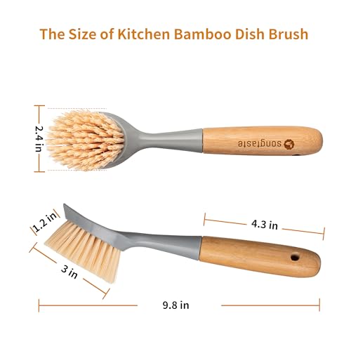 2 Pack Kitchen Dish Brush Bamboo Handle Dish Scrubber Built-in Scraper, Scrub Brush for Pans, Pots, Kitchen Sink Cleaning, Dishwashing and Cleaning Brushes are Perfect Cleaning Tools, Color-Gray