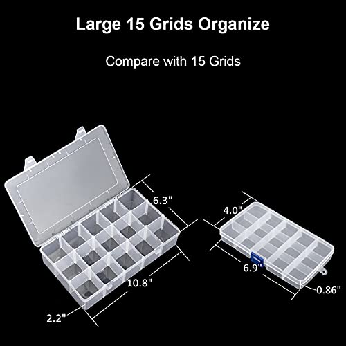 Snowkingdom Large 15 Grid Clear Organizer Box Adjustable Dividers - Plastic Compartment Storage Container for Washi Tapes, Craft, Beads, Jewelry, Small Parts