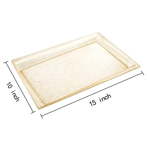 I00000 6 Pack Gold Glitter Plastic Serving Tray, 15" x 10" Crooked Food Trays, Clear Disposable Serving Platter for Parties, Weddings