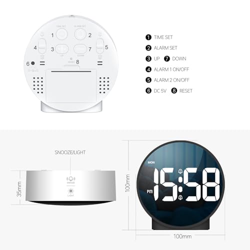 Deeyaple Small Digital Alarm Clock LED Desk Travel Electronic Clock Dual Alarm Snooze Dimmable Day Set 12/24H Week Display 4inch White (No Battery＆Adapter) Stay on for 8 s When Powered by Battery