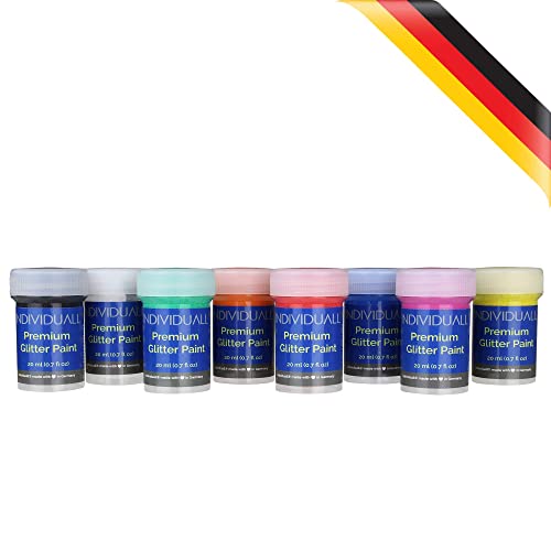 individuall Glitter Paint - Set of 8 Sparkly, 20mL Acrylic Paints with Metallic Shimmer - Art Supplies for Canvas, Paper, Wood, Metal and Plastic - Gifts for Artists﻿
