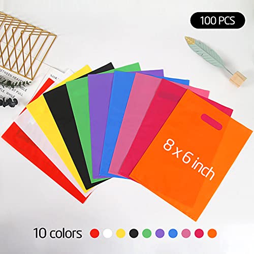 VieFantaisie Plastic Party Favor Bags Small Gift Bags, 100 PCS 6" x 8" Goodie Bags for Kids, Rainbow Party Gift Bags Bulk with Handle for Kids Birthday Party, Easter, Christmas, Halloween, 10 Colors