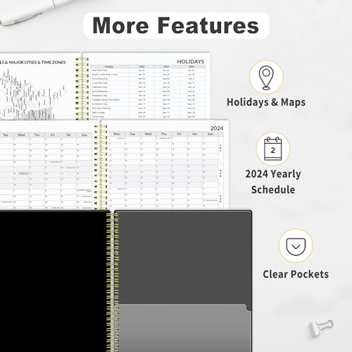 SUNEE 2024 Weekly and Monthly Planner - from January 2024 - December 2024, 6.4" x 8.3" Daily Agenda Planner with Monthly Tab, Flexible Cover, Note Pages, Pockets, Bookmark, Spiral Binding, Black