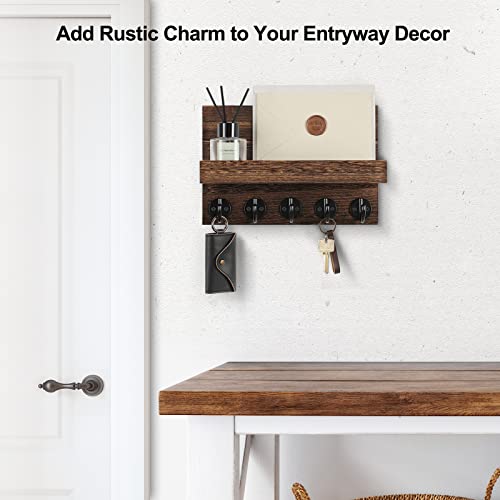 Lwenki Key Holder for Wall, Decorative Key and Mail Holder with Shelf Has Large Key Hooks for Bags, Coats – Paulownia Wood Key Hanger with Mounting Hardware (9.8”W x 6.7”H x 4.2”D) (Brown)