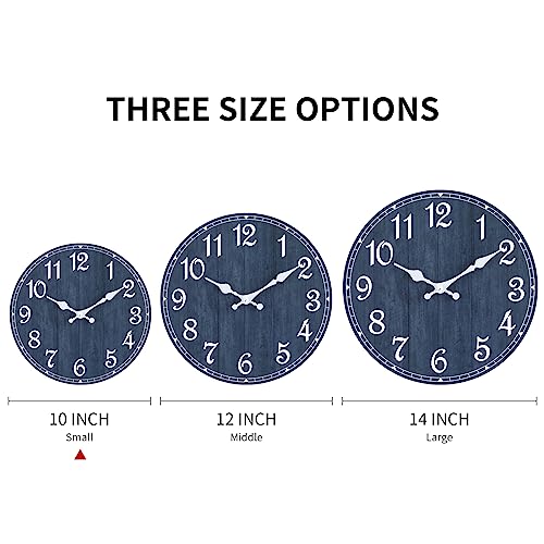 HYLANDA Wall Clock, 10 Inch Wall Clocks Battery Operated Silent Non Ticking, Round Wooden Rustic Clocks Decor for Kitchen, Bathroom, Living Room, Home, Bedrooms, Office (Navy Blue)