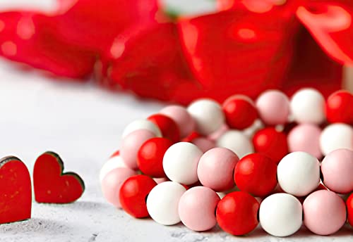 BlueMake Valentine's Day Wood Bead Garland with Tassel,Rustic Wooden Bead Decor Farmhouse Beads Big Wall Hanging Decor (Pink/Red/White)