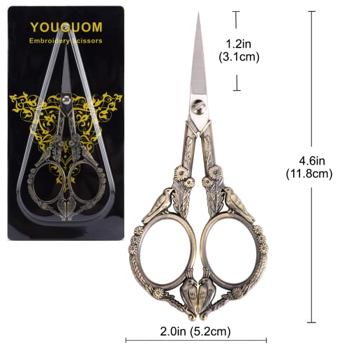 YOUGUOM Embroidery Scissors, Small Sharp Pointed Sewing Scissors for Craft Cross Stitch Needlework Artwork Knitting Thread Yarn Detail Cutting Tools, 4.6in Little Bronze Bird Scissor
