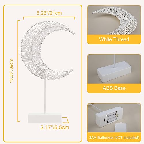 Lewondr Decorative Table Lamp, Battery Powered Christmas Moon Shape Ramadan Desk Lamp, Winding Thread Warm LED Crescent Light Xmas Home Bedroom Romantic Bedside Desktop Nightstand Decoration - White