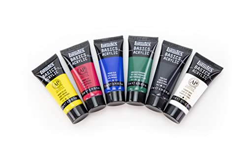 Liquitex BASICS Acrylic Paint Set, 6 x 22ml Tube Paint Set, Primary, Blue,Color Mixing,Green,White, 0.7 Fl Oz (Pack of 6)