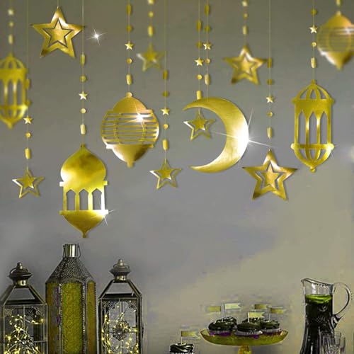 Cheerland 16pcs Islamic Gold Star Crescent Moon Lantern Ramadan Garland EID Decoration Home Happy Ramadan Mubarak Party Decor Hanging Streamer Wedding Backdrop Banner Aladdin Birthday Party Supplies