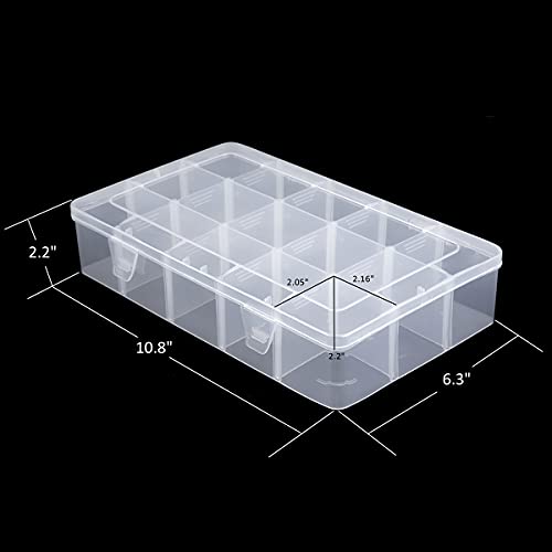 Snowkingdom Large 15 Grid Clear Organizer Box Adjustable Dividers - Plastic Compartment Storage Container for Washi Tapes, Craft, Beads, Jewelry, Small Parts