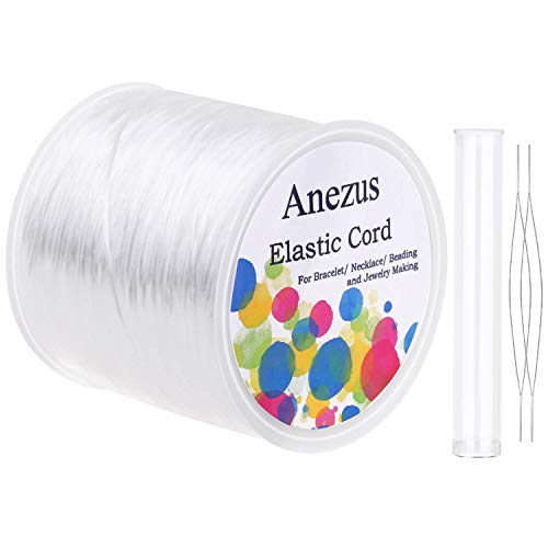 Stretchy String for Bracelets, Anezus Elastic String Jewelry Bead Cord with 2pcs Large Eye Beading Needles for Seed Beads, Pony Beads, Bracelets and Jewelry Making White