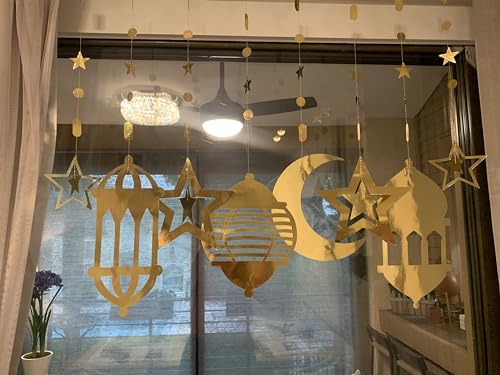 Cheerland 16pcs Islamic Gold Star Crescent Moon Lantern Ramadan Garland EID Decoration Home Happy Ramadan Mubarak Party Decor Hanging Streamer Wedding Backdrop Banner Aladdin Birthday Party Supplies