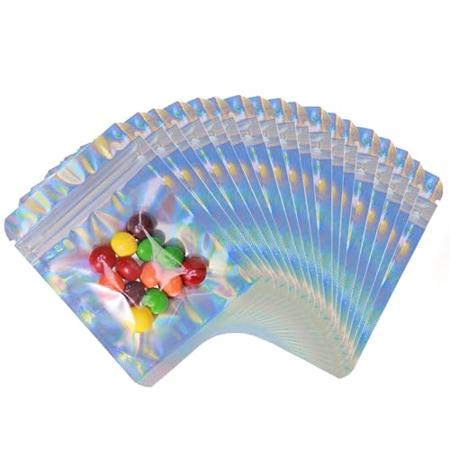 YHJZ 100 Pcs Holographic Bags, 6 x 8" Resealable Smell Proof Bags Resealable Bags for Packaging Ziplock Pouches Bags for Lip Gloss Packaging Mylar Bags for Party Favor Food Storage (6x8 Inch)