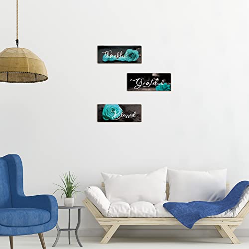 Hillban 3 Pieces Rose Wooden Wall Decor Thankful Grateful Blessed Wooden Signs Inspirational Wall Art Signs Wedding Wall Decor for Room Kitchen Bathroom (Teal,16 x 6 Inch)