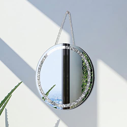 QMDECOR Crush Diamond 12 inch Wall-Mounted Mirrors with Iron Chain Home Decoration Round Silver Crystal Sparkling Decorative Mirror