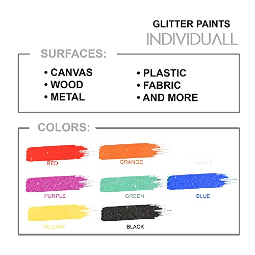 individuall Glitter Paint - Set of 8 Sparkly, 20mL Acrylic Paints with Metallic Shimmer - Art Supplies for Canvas, Paper, Wood, Metal and Plastic - Gifts for Artists﻿