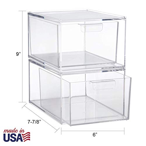 STORi Audrey Stackable Clear Bin Plastic Organizer Drawers | 2 Piece Set | Organize Cosmetics and Beauty Supplies on a Vanity | Made in USA