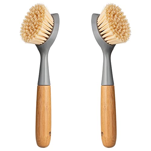 2 Pack Kitchen Dish Brush Bamboo Handle Dish Scrubber Built-in Scraper, Scrub Brush for Pans, Pots, Kitchen Sink Cleaning, Dishwashing and Cleaning Brushes are Perfect Cleaning Tools, Color-Gray