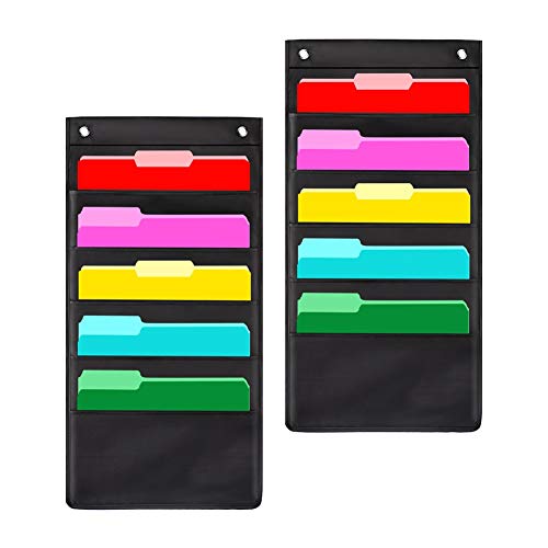 JiatuA Storage Pocket Chart, 5 Pockets Hanging Wall File Organizer with 4 Hooks, Hanging Pocket Chart - Hanging Storage Organizer for School, Home or Office Wall Pocket Chart, Black, 2 Pack