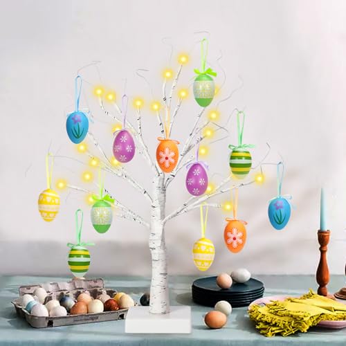 24" Easter Lighted Birch Tree with 12pcs Ornaments,Warm White LED Birch Tree Light Tabletop Artificial Tree 8 Lighting Modes USB or Batteries Operated with Timer for Easter Decor